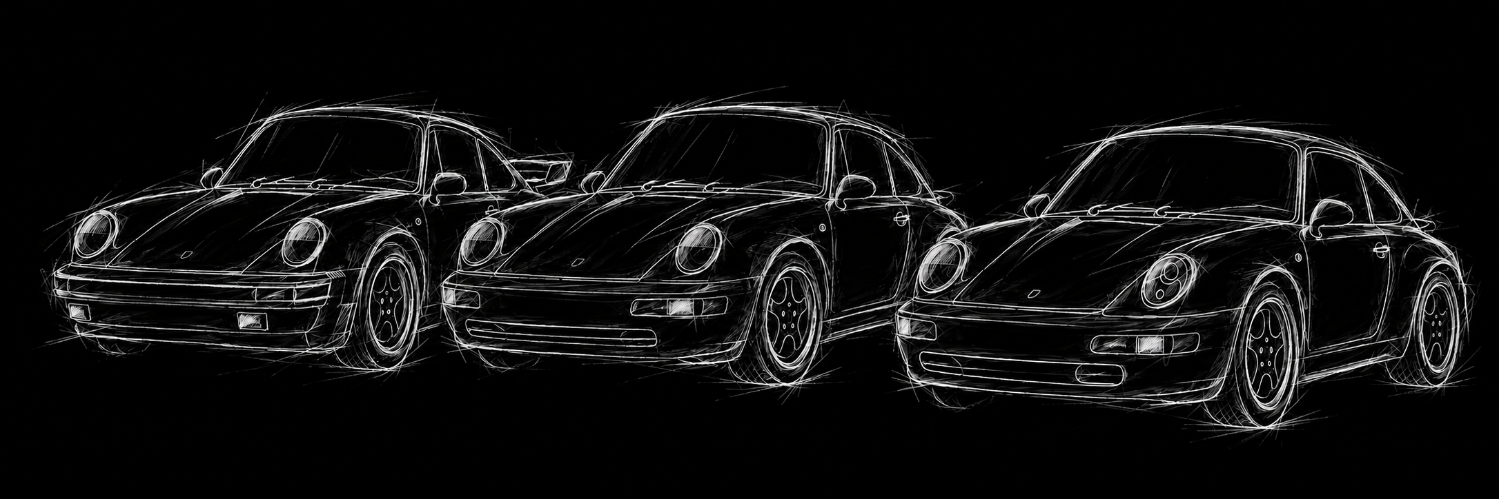 Loose white sketches of a Porsche 930, 964 and 993, with the 993 in front